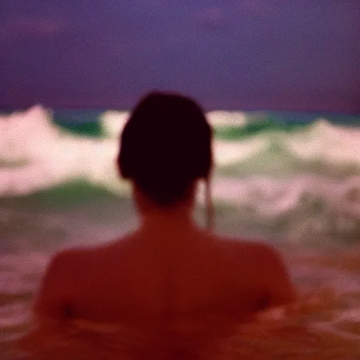 Image similar to colored photography, close-up from behind woman swimming in ocean at night, blue light, 35mm film,