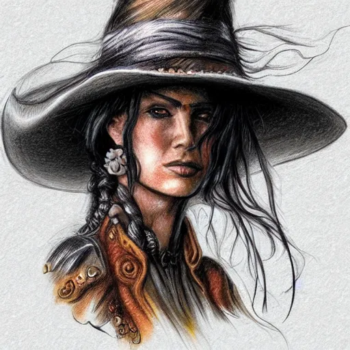 Prompt: beautiful cowboy witch, wild west, detailed, concept art, colored pencil drawing, trending on artstation