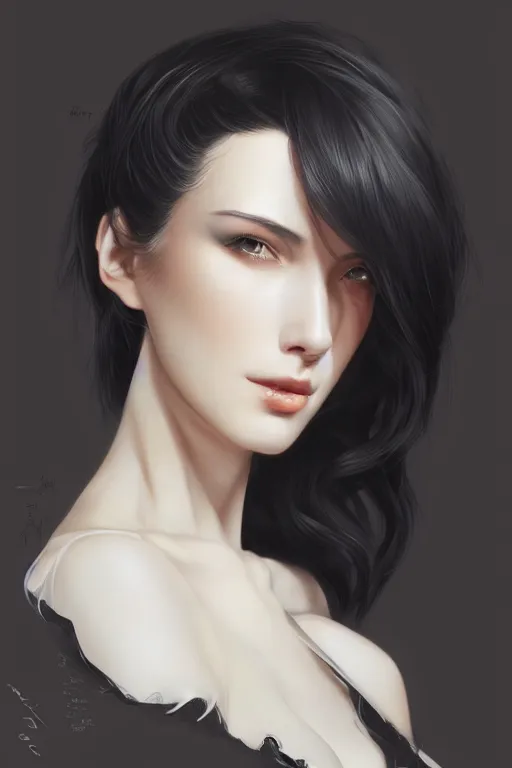 Prompt: sideview of a beautiful black haired pale woman, by artgerm, by studio trigger, by wlop, realistic, soft light, warm colors