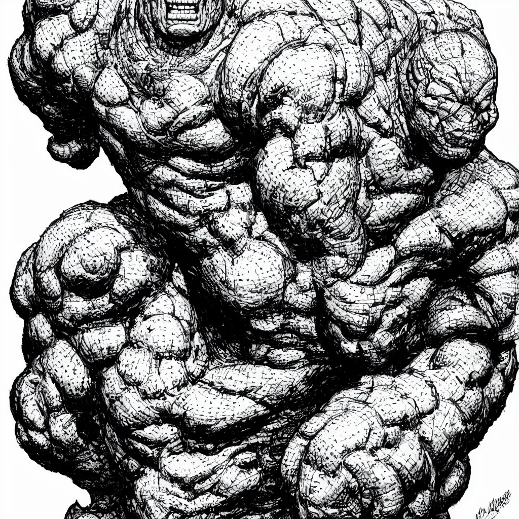 Image similar to A dramatic close-up portrait of Ben Grimm The Thing as illustrated by Jack Kirby, highly detailed, 8k, sparse dark atmosphere, perfect pen and ink line art, large hulking figure, highly hyperdetailed and precisely inked, perfect facial symmetry, futuristic, cosmic, full color Marvel Comics 1968, Fantastic Four, dim lights, high technical detail