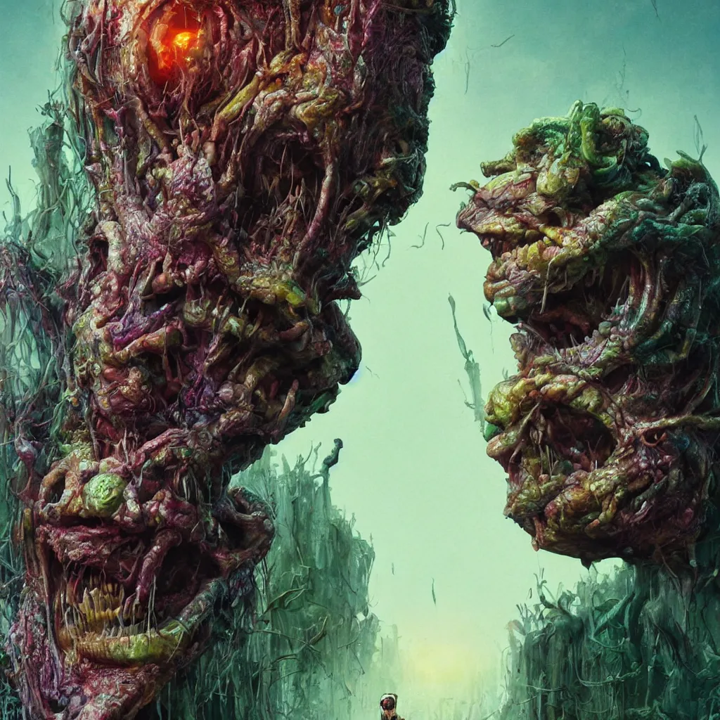 Prompt: extremely detailed cinematic movie still portrait of happpy rainbow dwarf eating mashroom hyperreal skin face by denis villeneuve, wayne barlowe, simon birch, marc simonetti, philippe druillet, beeple, alex grey bright volumetric sunlight, rich moody colors, closeup, bokeh