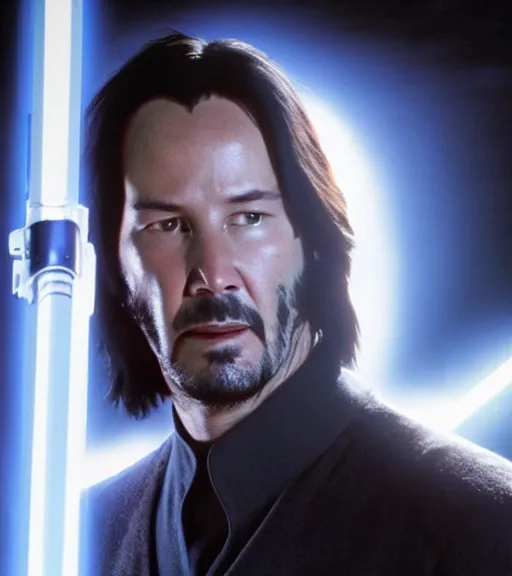 Image similar to keanu reeves as a jedi master with a blue lightsaber, perfect symmetrical face, full moon, moody lighting, 8 k, shallow depth of field, intricate detail,