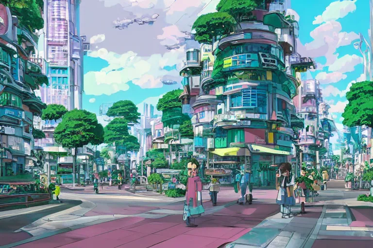 Image similar to an optimistic futuristic city street with a pop cannabis motif, by studio ghibli