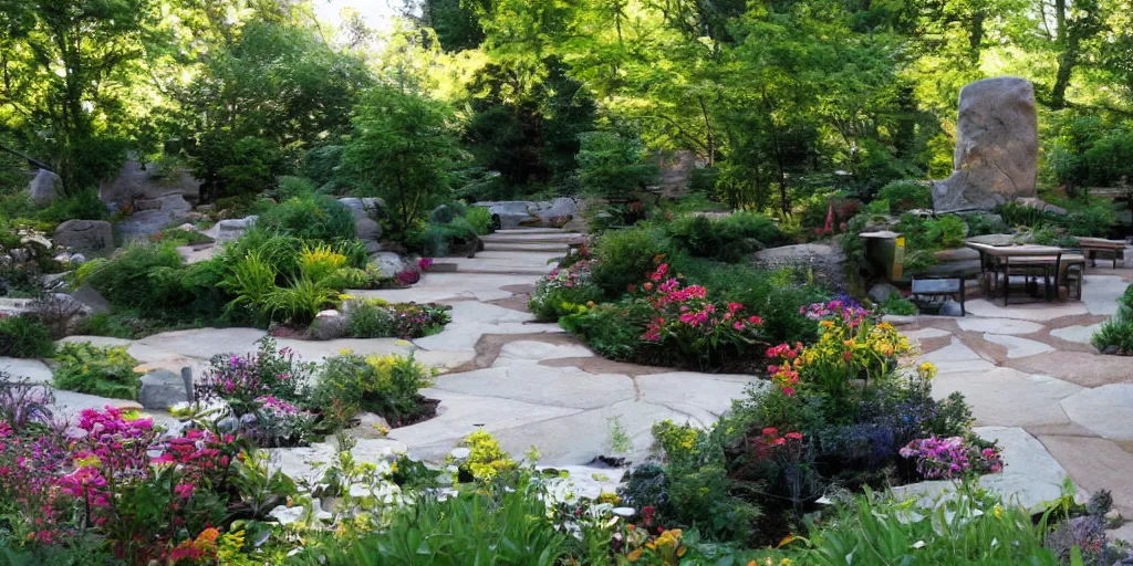 Image similar to small award winning patio designed by frank lloyd wright, with award winning stone work, lots of plants and flowers, on a sunny day, photo