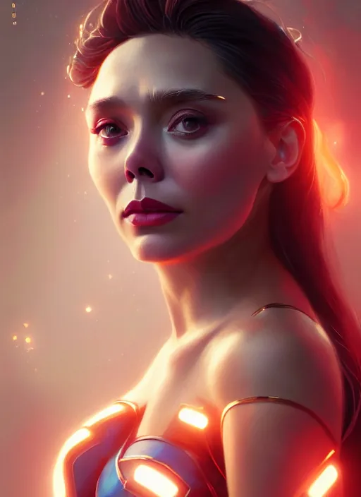 Image similar to portrait of modern darna, elizabeth olsen, intricate, elegant, glowing lights, highly detailed, digital painting, artstation, glamor pose, concept art, smooth, sharp focus, illustration, art by wlop, mars ravelo and greg rutkowski