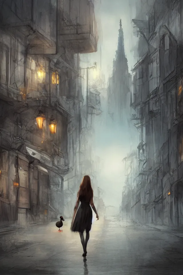 Image similar to concept art, a pretty girl with the head of a duck, cities, godrays, wide views, on the street