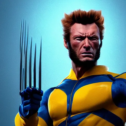 Image similar to clint eastwood as wolverine in blue and yellow costume, octane render, beautiful composition, trending on artstation, award - winning photograph, masterpiece