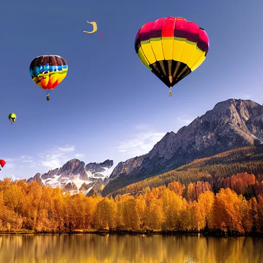 Image similar to photo of two black swans touching heads in a beautiful reflective mountain lake, a colorful hot air balloon is flying above the swans, hot air balloon, intricate, 8k highly professionally detailed, HDR, CGsociety