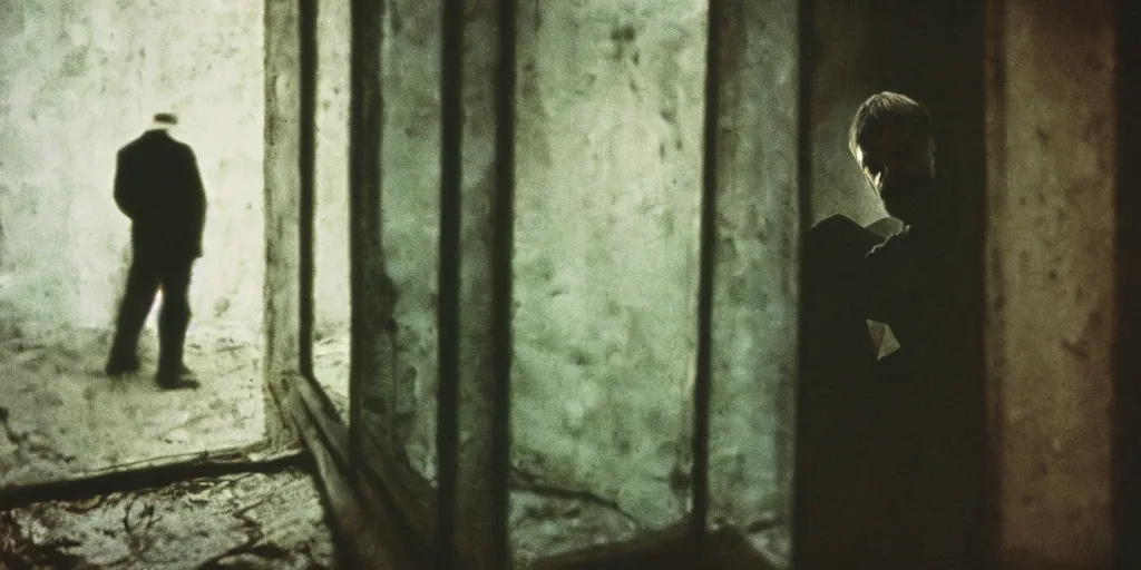 Prompt: detailed analog medium format photo from tarkovsky movie stalker, perspective of man looking through window while someone sinister sneakily watches him from outside in distance, haze, high production value, intricate details, 8 k resolution, hyperrealistic, hdr, photorealistic, high definition, tehnicolor, award - winning photography, masterpiece, amazing colors