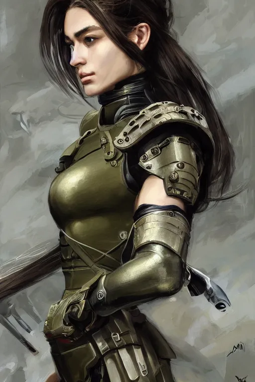 Image similar to a professionally painted portrait of an attractive young woman clothed in military-style battle armor, olive skin, long dark hair, beautiful bone structure, symmetrical facial features, intricate, elegant, heroic, digital painting, concept art, smooth, sharp focus, illustration, finely detailed, from Metal Gear by Ruan Jia and Mandy Jurgens and Artgerm and William-Adolphe Bouguerea, award winning, trending on Artstation