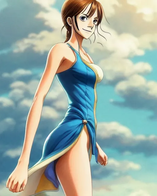 Image similar to emma watson as nami from one piece, simple cream dress, detailed perfect face, mid view, by artgerm, by studio muti, greg rutkowski makoto shinkai takashi takeuchi studio ghibli