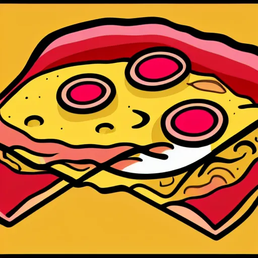 Image similar to cartoony drawing of a slice of pizza with cheese dripping off of it