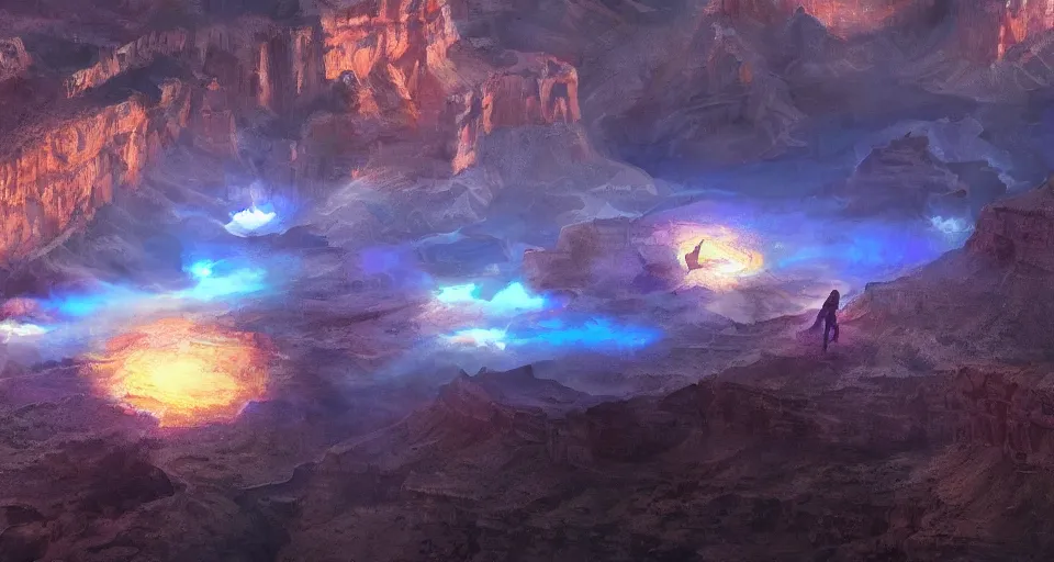 Prompt: night, a lot of people and a white luminous attractor is floating in grand canyon, concept art, art for the game, professional lighting, art