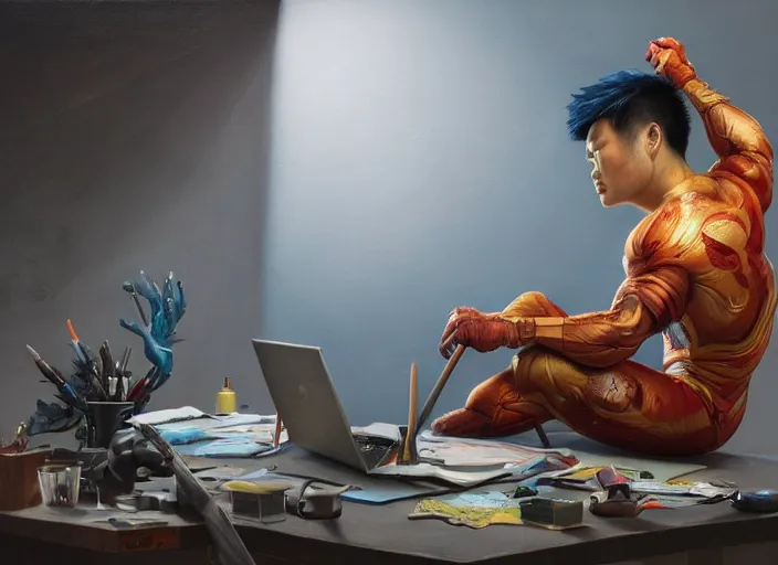 Image similar to an insanely detailed painting of an asian man wearing a homemade superhero costume, sitting at a desk, staring seriously at the computer and typing, in the style of peter mohrbacher, james jean, ruan jia, dramatic lighting and composition, surreal background, octane render, pixar, trending on artstation, concept art, comic book, view from behind, 8 k