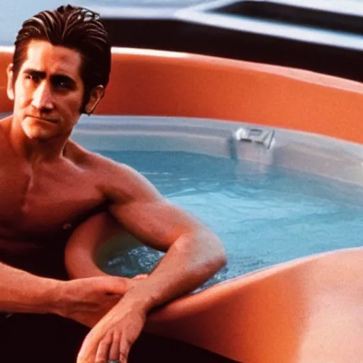 Prompt: movie poster cinestill of Jake Gyllenhaal as patrick Swayze sitting in a hot tub in the movie Road House