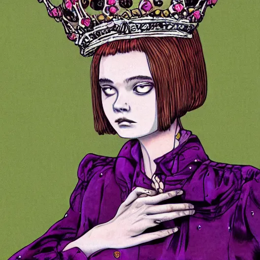 Prompt: a horror hyper real illustration of Elle Fanning with a crown by Junji Ito