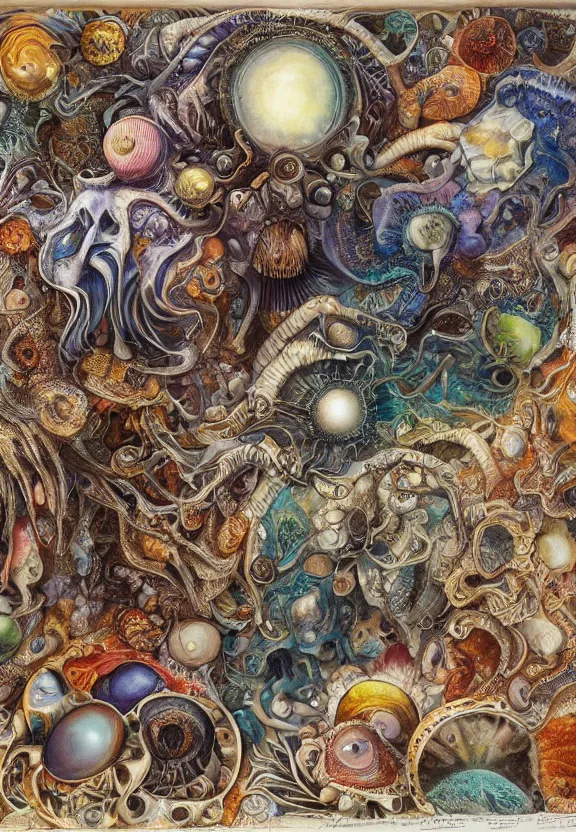 Image similar to simplicity, colorful muscular eldritch bodies and shells radiating town fractal, mandala white bones, colorful gems, brush pen, by h. r. giger and esao andrews and maria sibylla merian eugene delacroix, gustave dore, thomas moran, pop art, chiaroscuro, biopunk, art nouveau