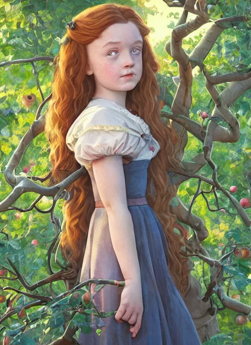 Image similar to well - lit art nouveau portrait of a 1 3 - year old girl who resembles millie bobby brown and sadie sink looking worried under an apple tree, natural lighting, path traced, highly detailed, high quality, cartoon, digital painting, by don bluth and ross tran and studio ghibli