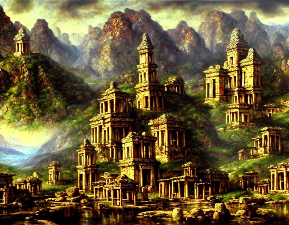 Image similar to hyper realistic detailed oil painting of ancient lost town of shangrila, 8 k ultra hd, by jan matejko