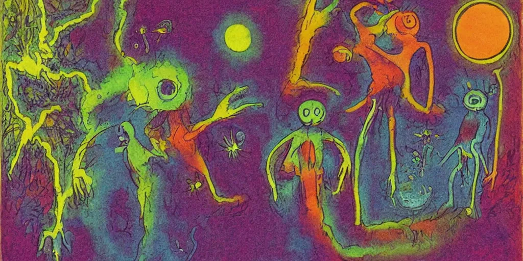 Image similar to dawn of creation; first atom; beings of light and darkness; ethereal plane. Bright neon colors. illustrated by maurice sendak and Stephen Gammell and jean dubuffet