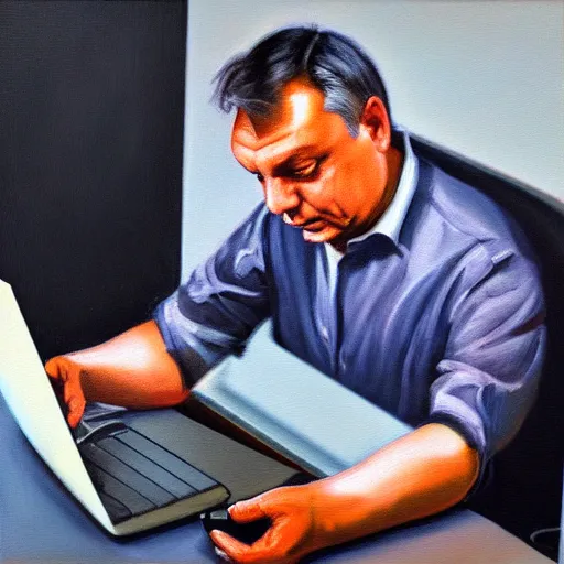 Prompt: viktor orban programming with a laptop in a cubicle, oil painting