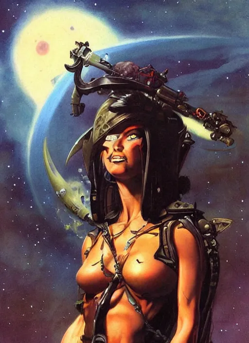 Image similar to portrait of female space pirate, night sky background, beautiful! coherent! by brom, by frank frazetta, deep color, strong line, high contrast