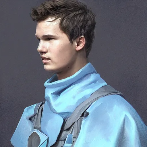 Image similar to portrait of a man by greg rutkowski, he looks like ansel elgort, he is wearing a blue and white kevlar gear with a cape, highly detailed portrait, digital painting, artstation, concept art, smooth, sharp foccus ilustration, artstation hq