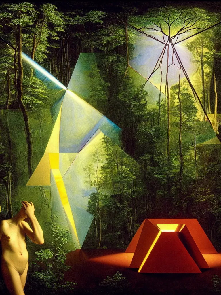 Image similar to hyperrealistic still life portrait of a mind exploding in a forest, beautiful plans, sacred geometry, light refracting through prisms in a tesseract, by caravaggio, botanical print, surrealism, vivid colors, serene, golden ratio, rule of thirds, negative space, minimalist composition, in the style of james turrell