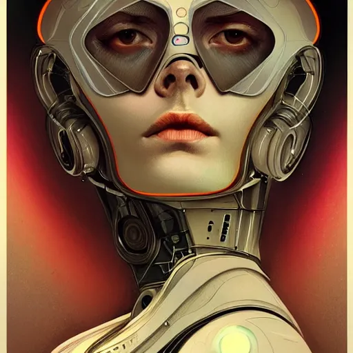 Image similar to portrait of bearded android, coy, circuitry visible in head, in the style of ex machina, karol bak, alphonse mucha, greg rutkowski, award winning, hr giger, artstation