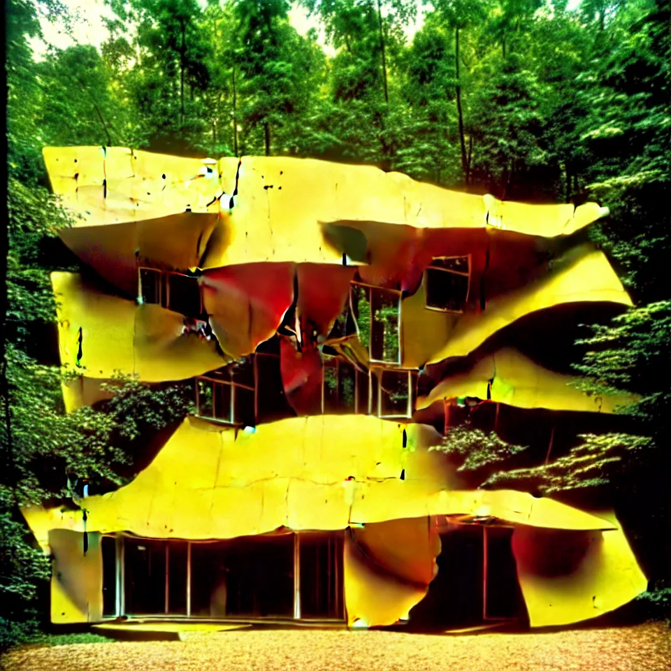 Image similar to a flat leveled house with big tiles in a forest, designed by Frank Gehry and more van der rohe. Film grain, cinematic, yellow hue