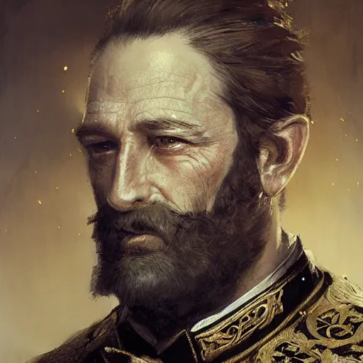 Prompt: Portrait of a middle aged general with big sideburns, muttonchops, mutton chops, detailed face, fantasy, highly detailed, cinematic lighting, digital art painting by greg rutkowski