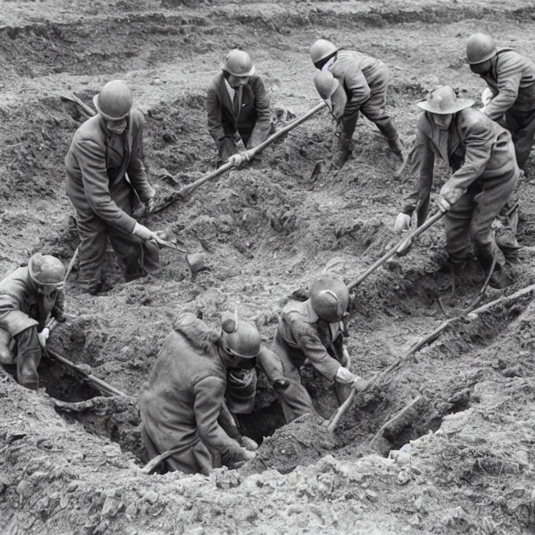 Image similar to archaeologist badgers in 1940s suits digging at the sutton hoo ship burial, black & white photo