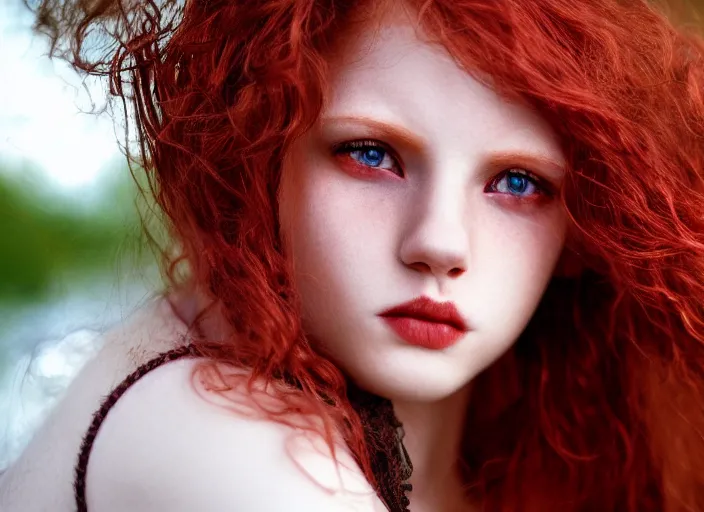 Image similar to award winning 5 5 mm close up face portrait photo of an anesthetic cute redhead with small nose, blood - red wavy hair, intricate eyes, in a park by luis royo