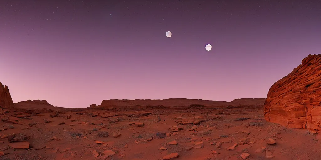 Image similar to a view looking out of a cave of a dried up river bend running through a canyon surrounded by desert mountains at sunset on mars, purple sky, two moons, planet mars, moab, utah, a tilt shift photo by frederic church, trending on unsplash, hudson river school, photo taken with provia, national geographic photo