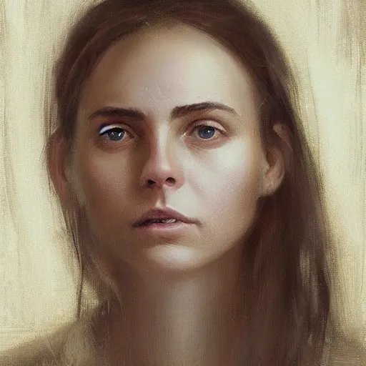 Image similar to Portrait of a woman by Greg Rutkowski, she is about 20 years old, round face, mixture turkish and russian, dark blonde hair with two strands around her face, attractive, sad and melancholy gaze, she is wearing a jumper overall, highly detailed portrait, scifi, digital painting, artstation, concept art, smooth, sharp foccus ilustration, Artstation HQ.
