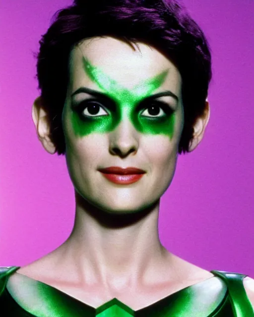 Image similar to photos of beautiful young actress Winona Ryder as a real life soranik natu soaring thru outer space as a Green Lantern, young Winona Ryder, photogenic, purple skin, short black pixie like hair, photography, studio lighting, cinematic