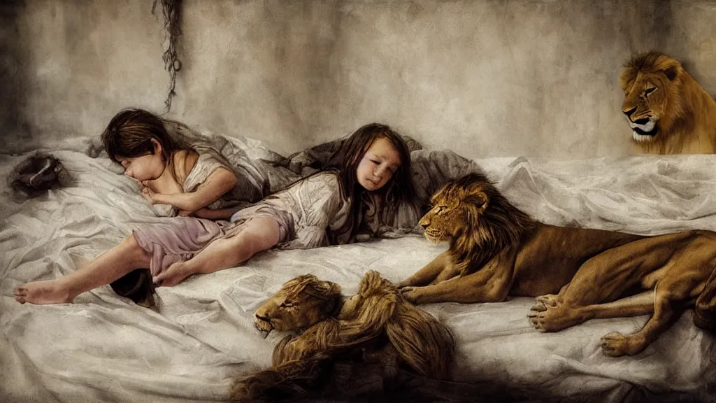 Image similar to girl lying next to a lion and a stork in a bed under white bed sheets, by guillermo lorca