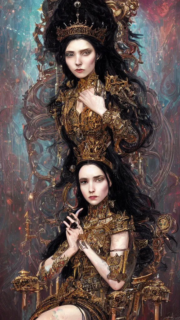 Image similar to painting of a beautiful black haired woman with pale skin and a crown on her head sitted on an intricate metal throne, illustration, artistic, colorful, hyper detailed, in the style of greg rutkowski,