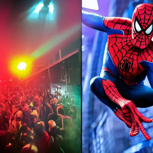 Image similar to Spiderman goes to a rave party and drink himself till he collapse, Spiderman drinks Viking Fjord vodka straight from the bottle, Spiderman in the moshpit, Realistic, HDR, HD, Real Event, 8K,