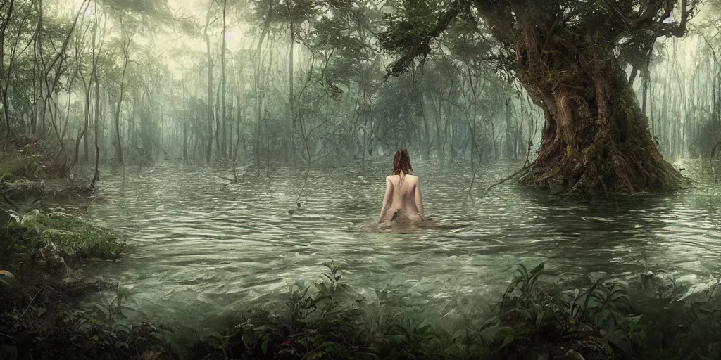 Prompt: forest nymph rising from the water. view from behind, back view. nuri iyem, james gurney, james jean, greg rutkowski, anato finnstark. award winning photography