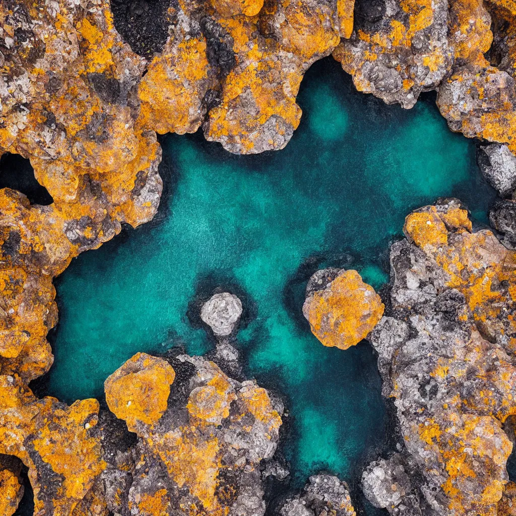 Image similar to golden boulders, black volcanic rock with colorful pools of bright milky paint, birds eye view