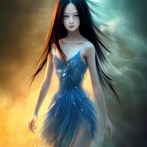 Image similar to advanced digital portrait painting photograph, a very beautiful anime girl wearing a dress made of water standing in a crystal lake turning into mist , full body, very long black hair, azure blue watery eyes, full round face, seductive stare, cinematic lighting, medium shot, mid-shot, highly detailed, trending on artstation, Unreal Engine 4k, Stanley Artgerm Lau, WLOP, Rossdraws, James Jean, Andrei Riabovitchev, Marc Simonetti, and Sakimichan