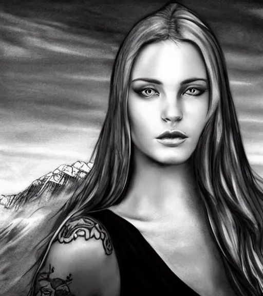 Image similar to tattoo design sketch of a beautiful blue - eyed woman face with a faded background of beautiful mountains and nature on her side, hyper - realistic, in the style of den yakovlev, amazing detail, black and white