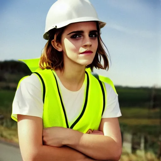 Prompt: photo, close up, emma watson in a hi vis vest, chewing tobacco, portrait, kodak gold 2 0 0,