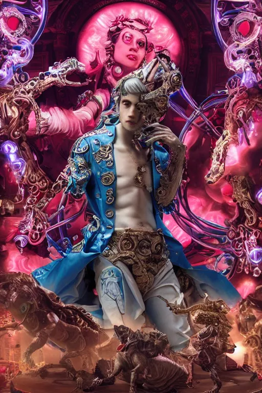 Prompt: full-body rococo and cyberpunk style sculpture of a young handsome Spanish prince half android with a chest exposing circuitry, glowing pink laser eyes, crown of blue gears and diamonds, swirling salmon-colored silk fabric, robotic raptors dinosaurs. baroque elements. full-length view. intricate artwork by caravaggio. Trending on artstation, octane render, cinematic lighting from the right, hyper realism, octane render, 8k, depth of field, 3D