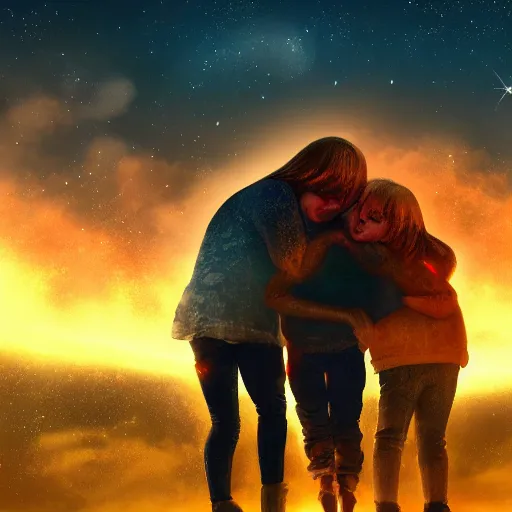 Prompt: family hugging, apocalyptic, meteors falling, background, sky, on fire, dramatic lighting, digital art, beautiful!!!!!!!!!!, 8K, dark lighting, trending on Artstation, award winning, blue, red