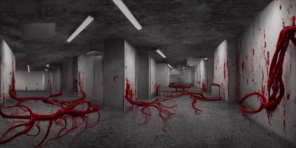 Prompt: a blood-oozing amorphous blood-colored blob composed of muscle, bones, and writhing tendrils made of muscles and tendons lurking in a dark concrete corridor, cinematic 8K HDR