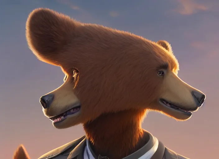 Image similar to character portrait feature of the anthro male anthropomorphic kamchatka brown bear fursona wearing airline pilot outfit uniform professional pilot for the us air force character design stylized by charlie bowater, ross tran, artgerm, and makoto shinkai, detailed, soft lighting, rendered in octane, maldives in background