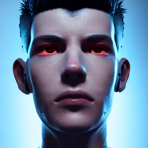 Image similar to portrait of a young Cyberpunk man, 3d render, Unreal Engine, octane render, ray tracing, Unity, highly detailed, high quality, HD, 4k, 8k, realistic, sharp, trending