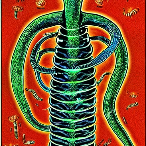 Prompt: nematodes, microscopy, microscope, Alex Grey, science, scientific, journal, vintage, colorful